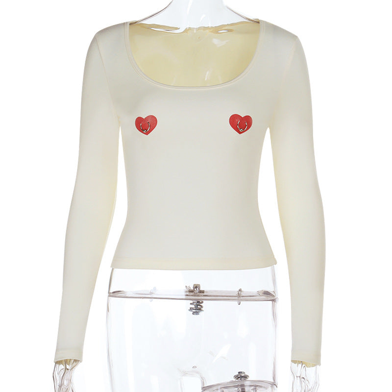 U neck long sleeve sweetheart print o ring top  | Festival Outfits Women