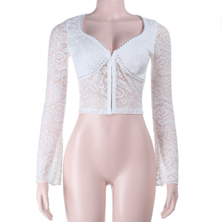 V neck button long sleeve lace top  | Festival Outfits Women