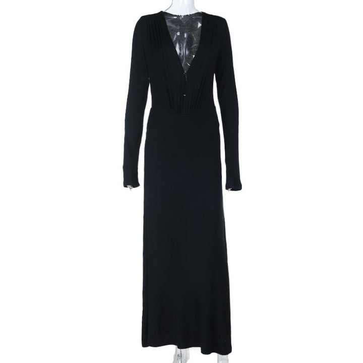 V neck long sleeve button ruched maxi dress  | Festival Outfits Women