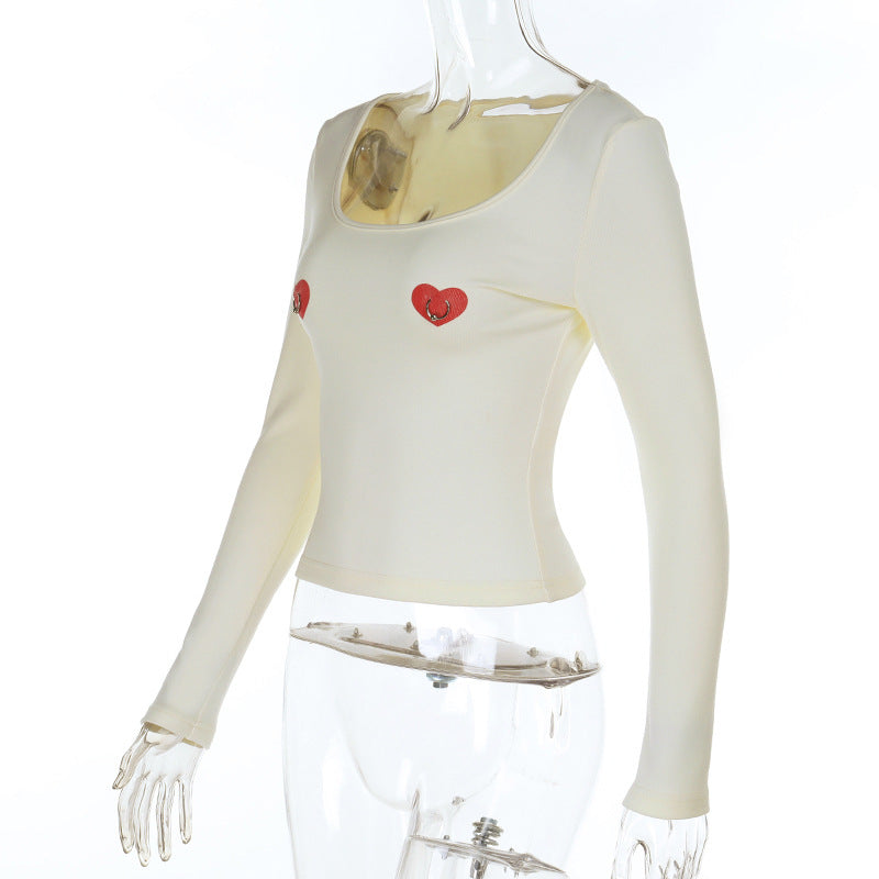 U neck long sleeve sweetheart print o ring top  | Festival Outfits Women