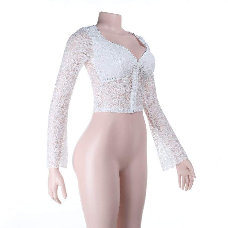 V neck button long sleeve lace top  | Festival Outfits Women