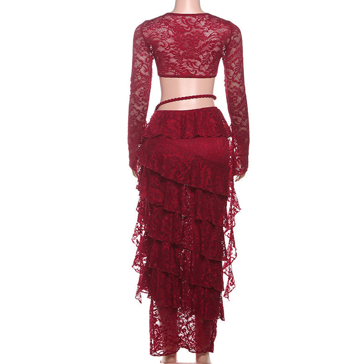 Long sleeve lace crewneck hollow out maxi skirt set  | Festival Outfits Women