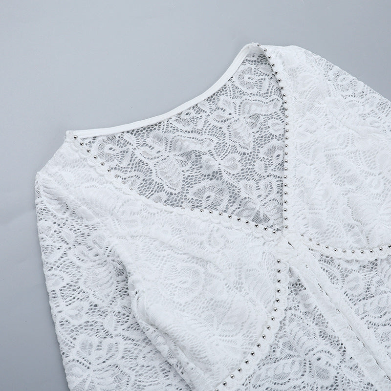 V neck button long sleeve lace top  | Festival Outfits Women