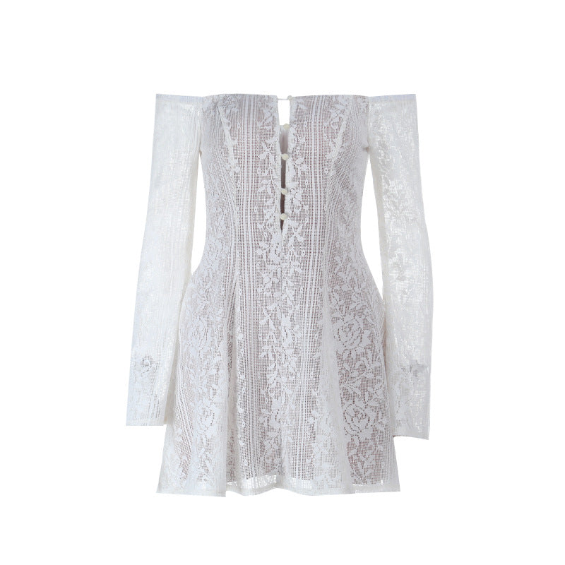 Off shoulder button hollow out cut out mini dress  | Festival Outfits Women-final-sale