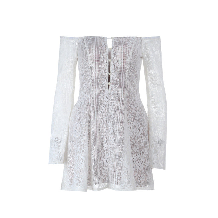 Off shoulder button hollow out cut out mini dress  | Festival Outfits Women-final-sale