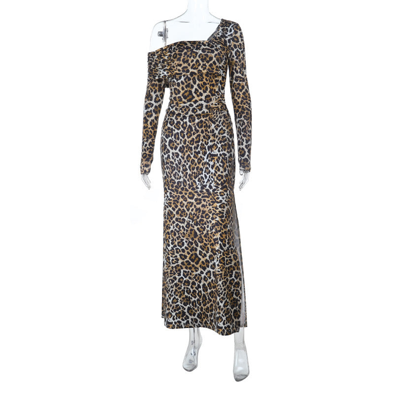 Leopard print one shoulder long sleeve slit maxi dress  | Festival Outfits Women-final-sale