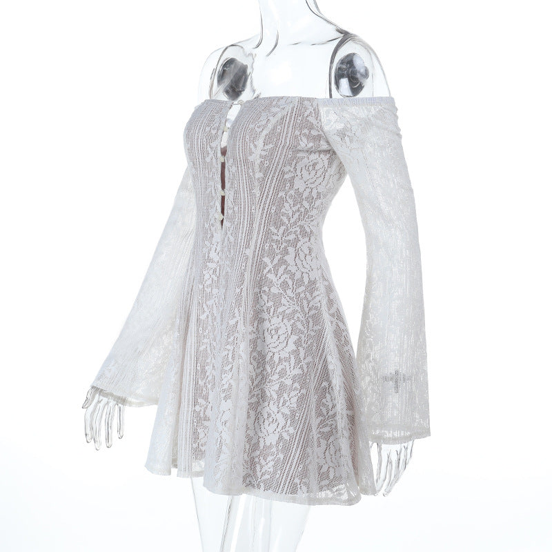 Off shoulder button hollow out cut out mini dress  | Festival Outfits Women-final-sale