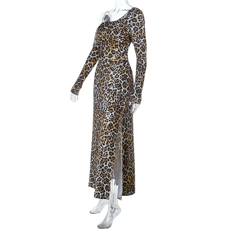Leopard print one shoulder long sleeve slit maxi dress  | Festival Outfits Women-final-sale