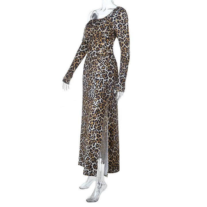 Leopard print one shoulder long sleeve slit maxi dress  | Festival Outfits Women-final-sale