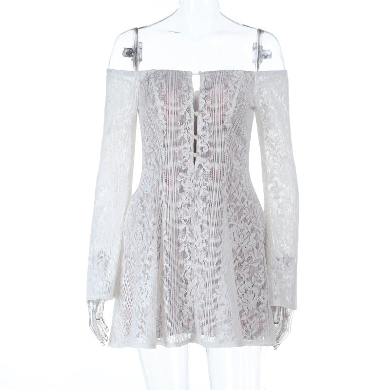 Off shoulder button hollow out cut out mini dress  | Festival Outfits Women-final-sale