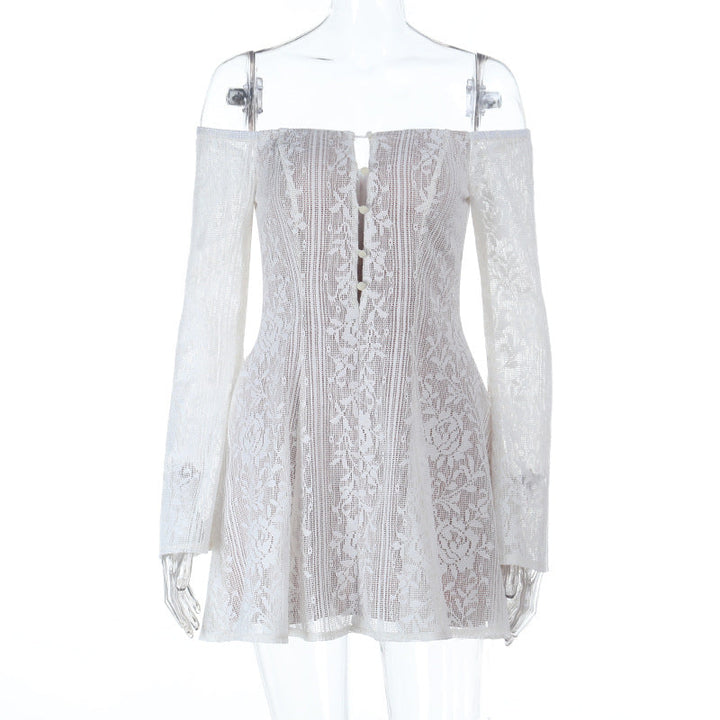 Off shoulder button hollow out cut out mini dress  | Festival Outfits Women-final-sale