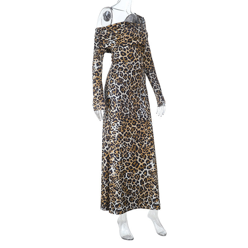 Leopard print one shoulder long sleeve slit maxi dress  | Festival Outfits Women-final-sale