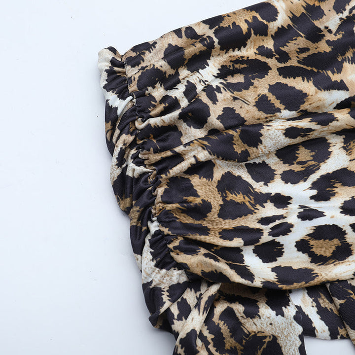 Leopard print one shoulder long sleeve slit maxi dress  | Festival Outfits Women-final-sale