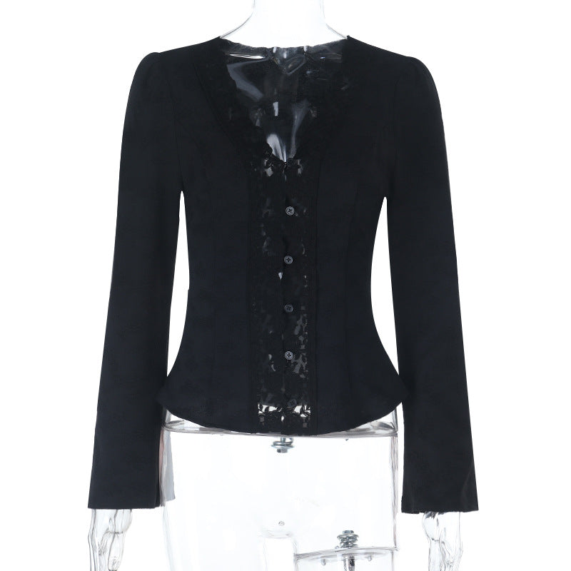V neck button long sleeve lace hem top  | Festival Outfits Women