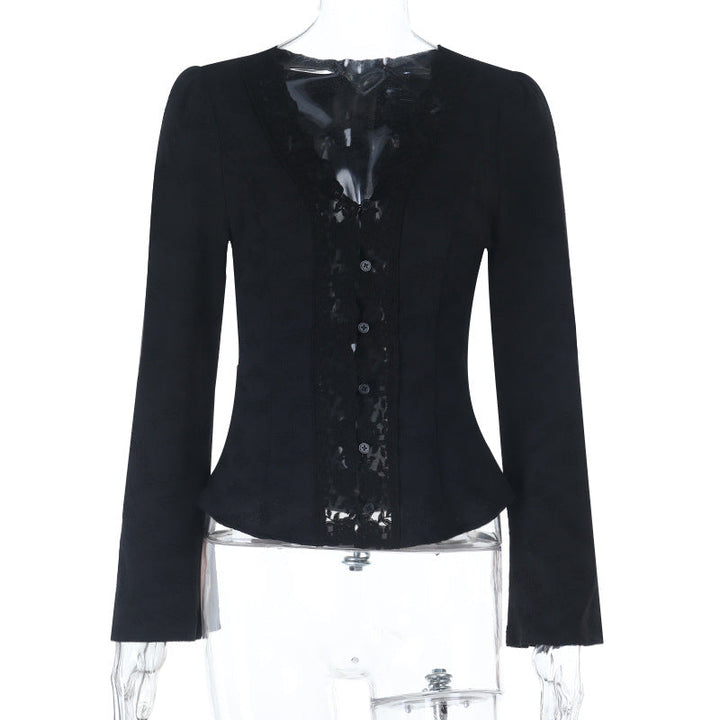 V neck button long sleeve lace hem top  | Festival Outfits Women