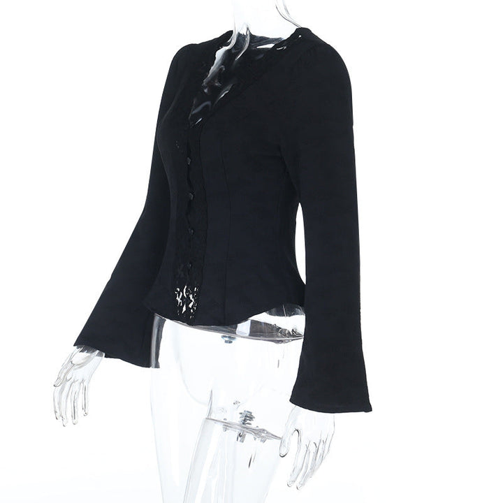 V neck button long sleeve lace hem top  | Festival Outfits Women