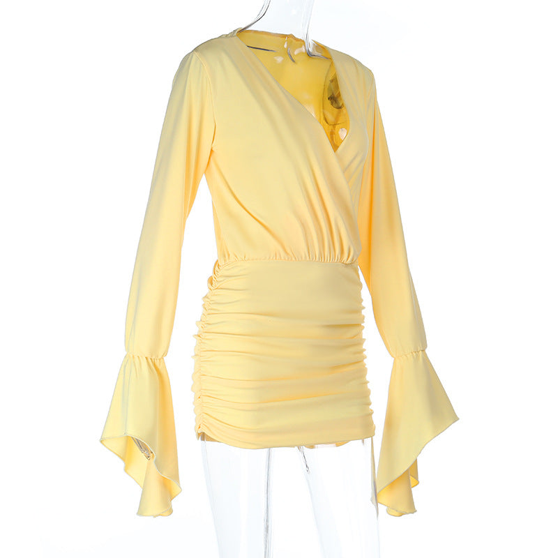 Long flared sleeve v neck ruched solid mini dress  | Festival Outfits Women