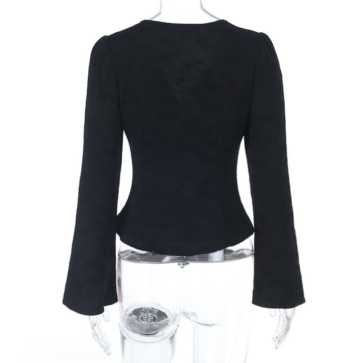 V neck button long sleeve lace hem top  | Festival Outfits Women
