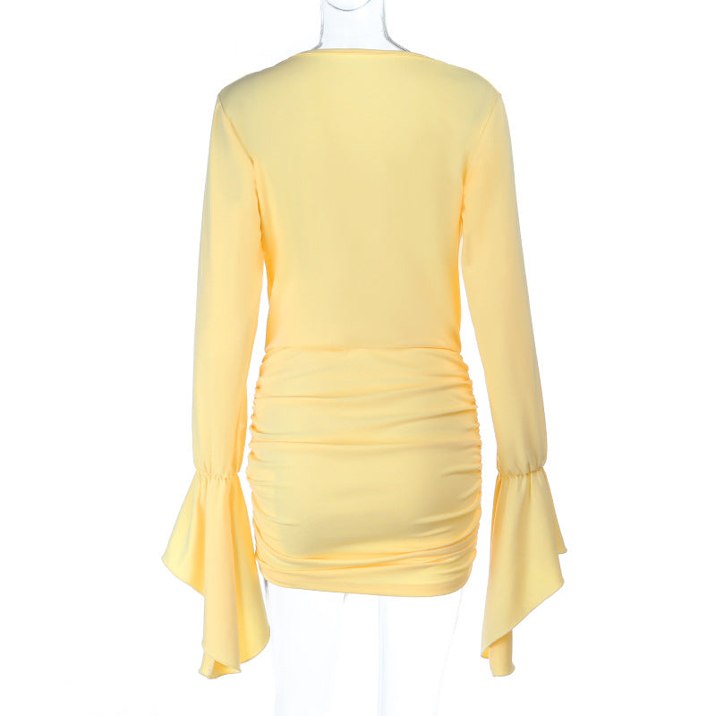 Long flared sleeve v neck ruched solid mini dress  | Festival Outfits Women