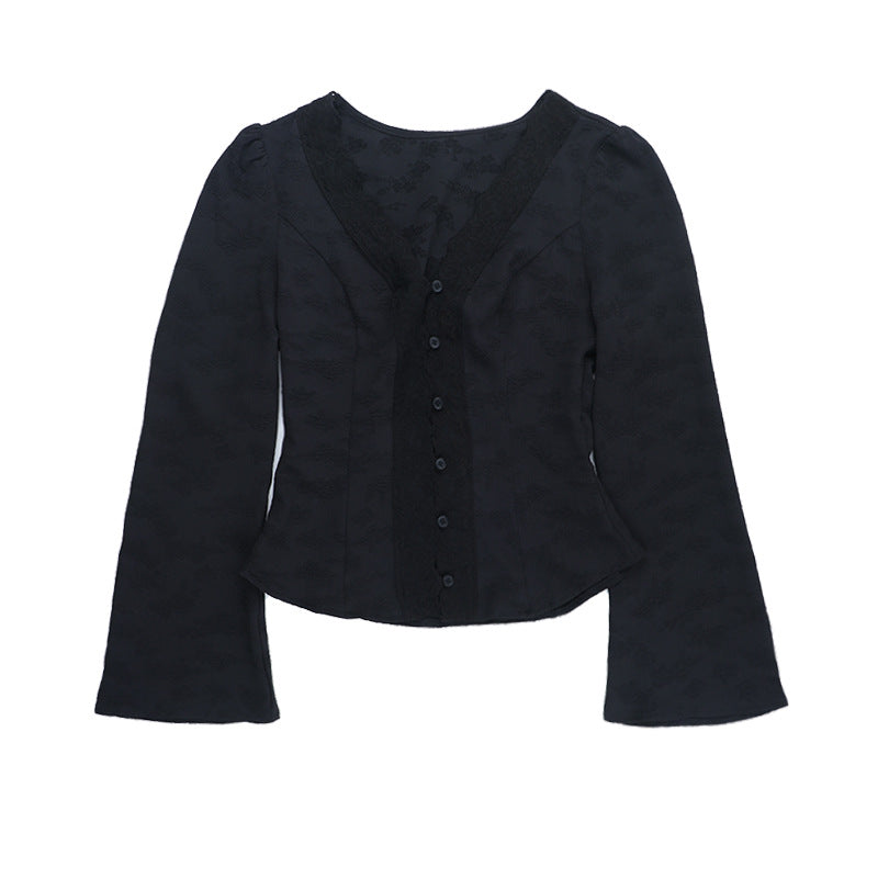 V neck button long sleeve lace hem top  | Festival Outfits Women