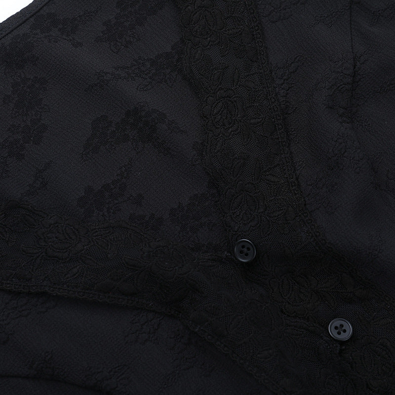 V neck button long sleeve lace hem top  | Festival Outfits Women