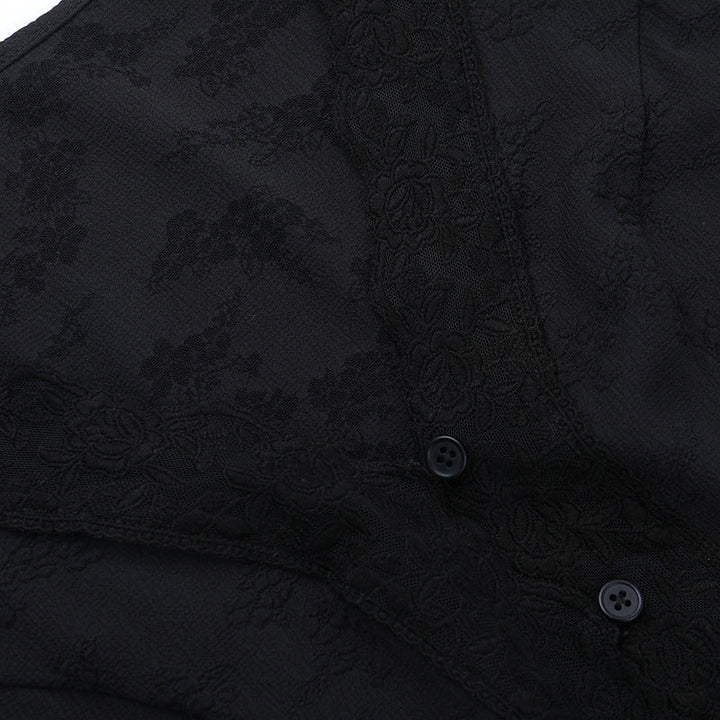V neck button long sleeve lace hem top  | Festival Outfits Women