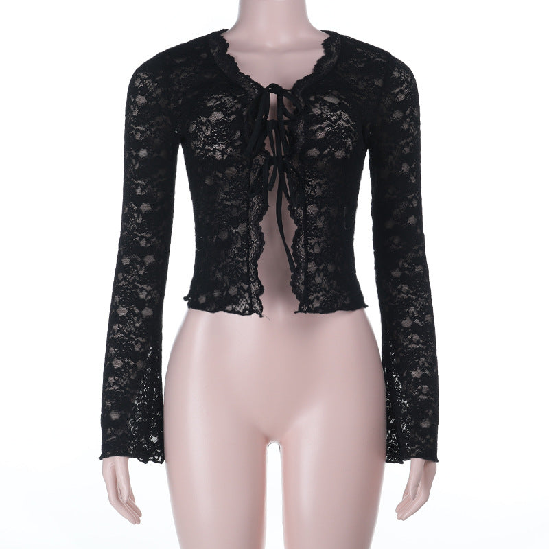 Long sleeve self tie lace crop top  | Festival Outfits Women