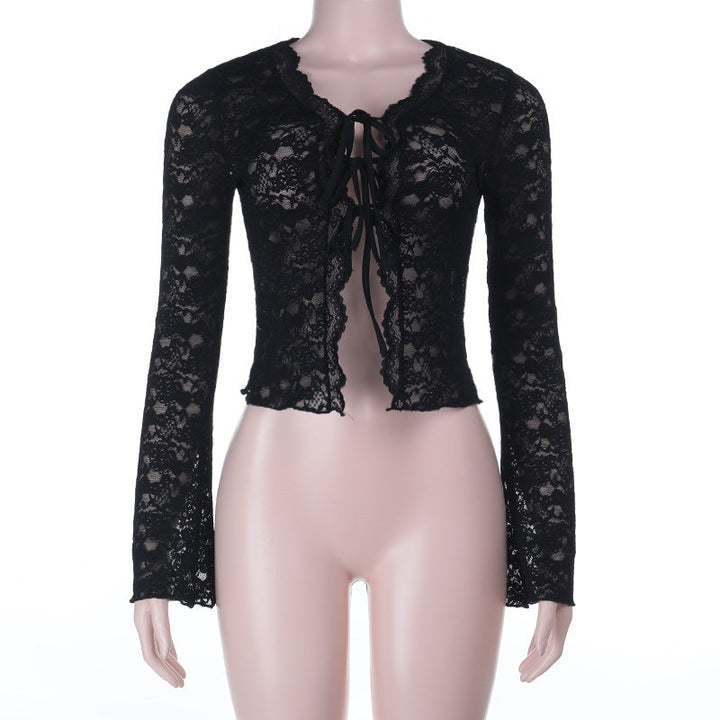 Long sleeve self tie lace crop top  | Festival Outfits Women