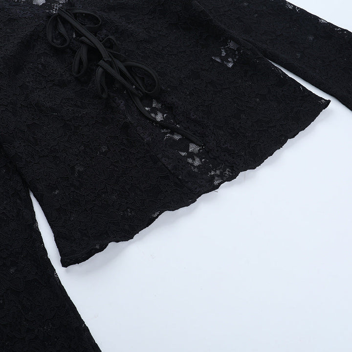 Long sleeve self tie lace crop top  | Festival Outfits Women