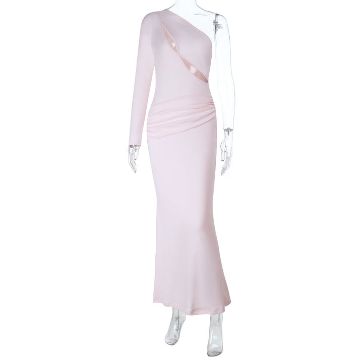 Long sleeve one shoulder hollow out ruched cut out maxi dress  | Festival Outfits Women