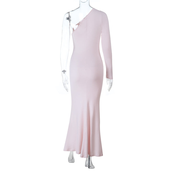 Long sleeve one shoulder hollow out ruched cut out maxi dress  | Festival Outfits Women