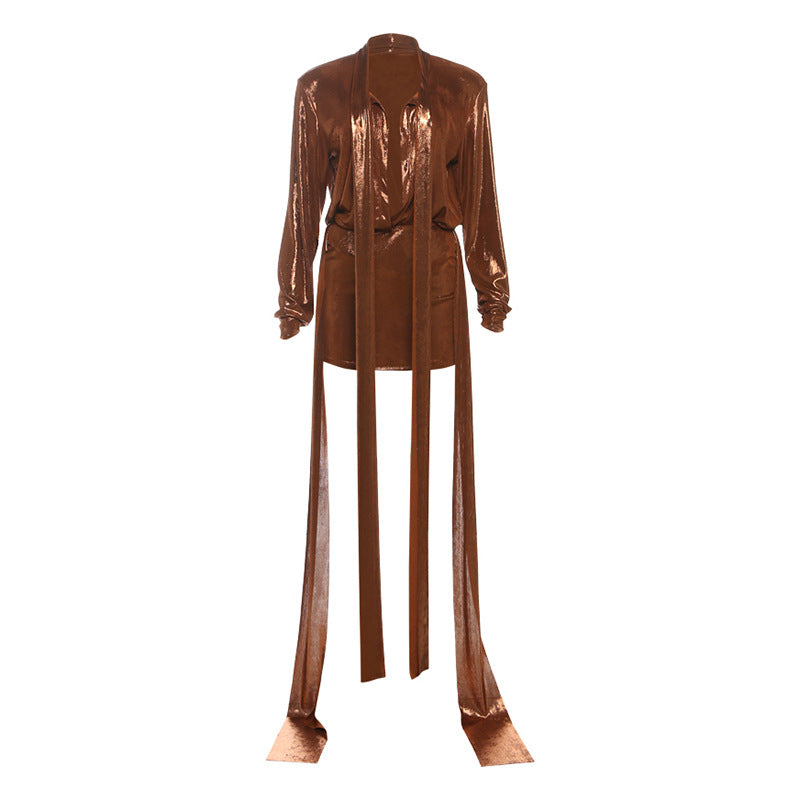 Long sleeve deep v neck metallic mini skirt set  | Festival Outfits Women
