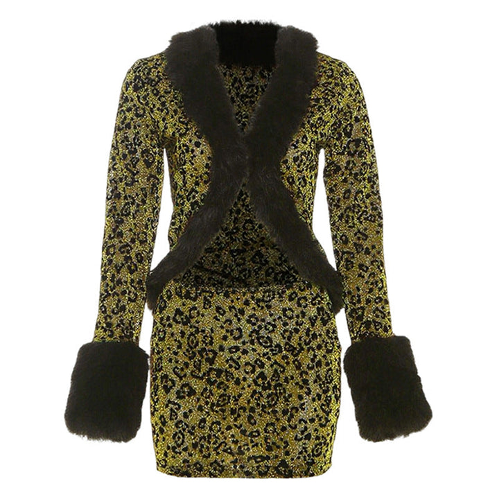 Leopard print fluffy long sleeve mini skirt set  | Festival Outfits Women  | Leopard Print Mini Dress