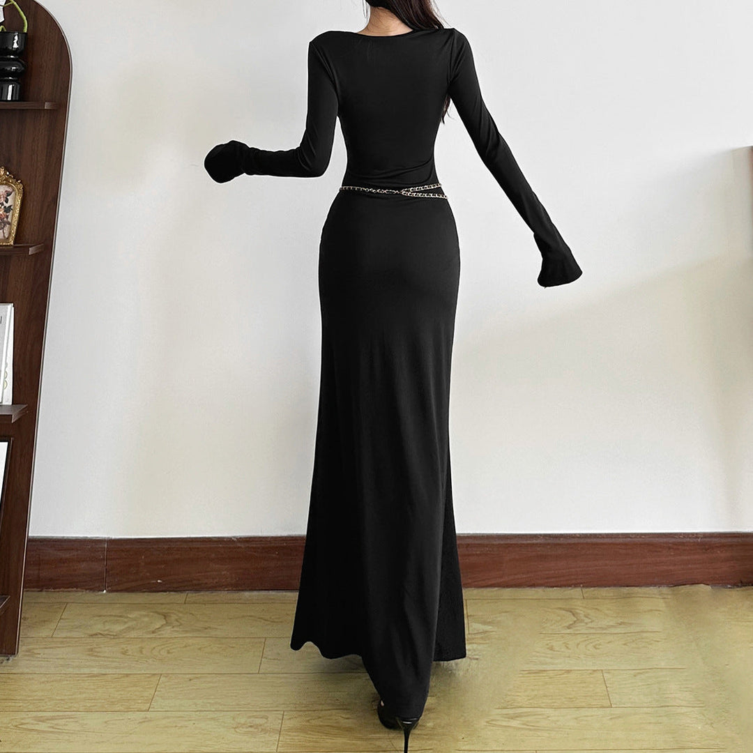Long sleeve beaded v neck solid maxi dress  | Festival Outfits Women