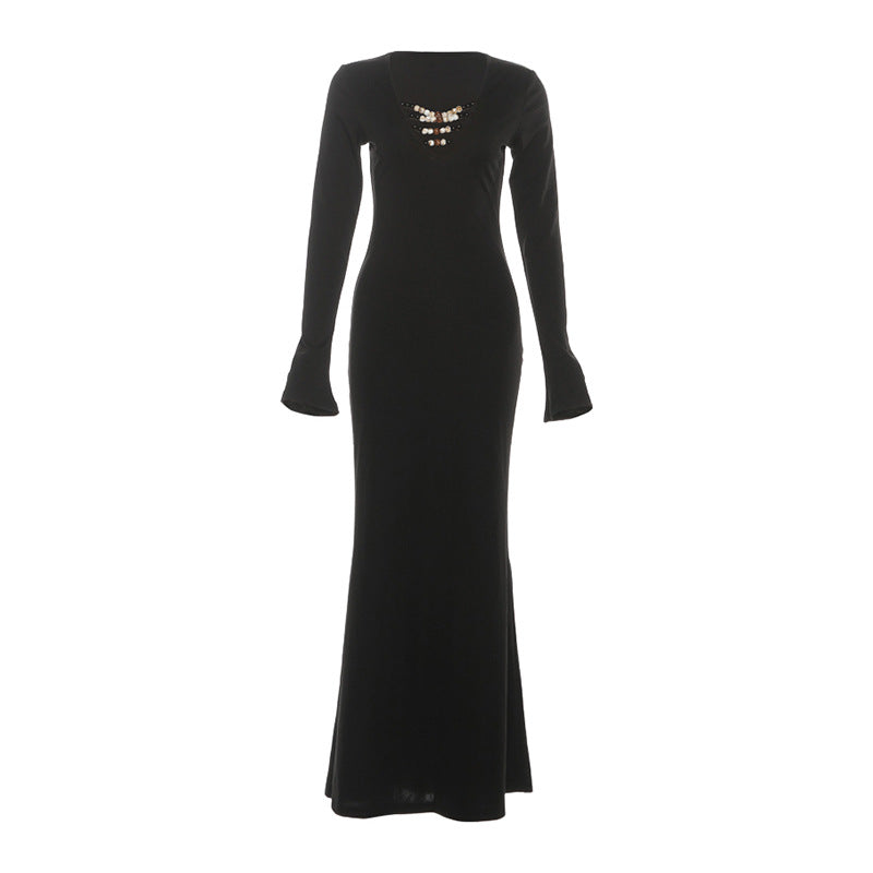 Long sleeve beaded v neck solid maxi dress  | Festival Outfits Women