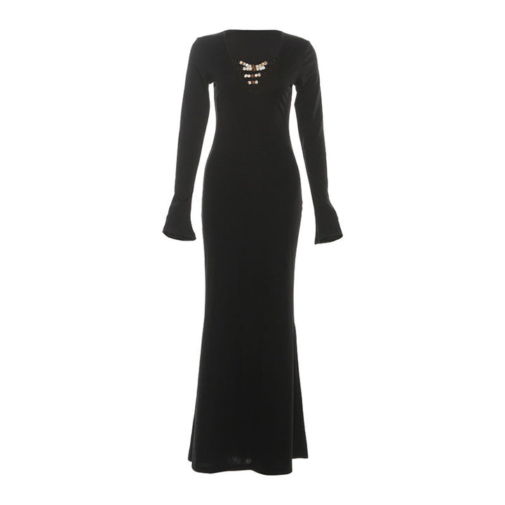 Long sleeve beaded v neck solid maxi dress  | Festival Outfits Women