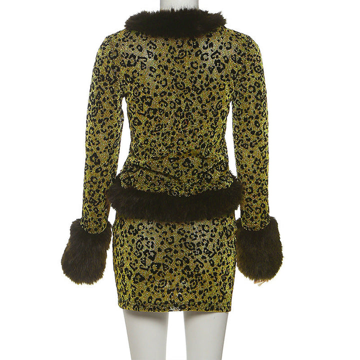 Leopard print fluffy long sleeve mini skirt set  | Festival Outfits Women  | Leopard Print Mini Dress