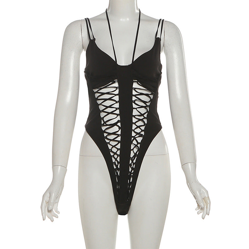 V neck self tie hollow out cami bodysuit  | Festival Outfits Women