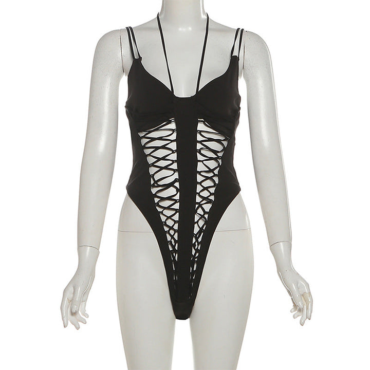 V neck self tie hollow out cami bodysuit  | Festival Outfits Women