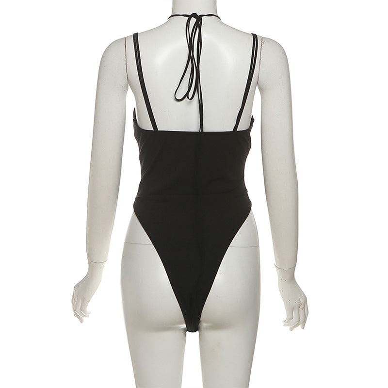 V neck self tie hollow out cami bodysuit  | Festival Outfits Women