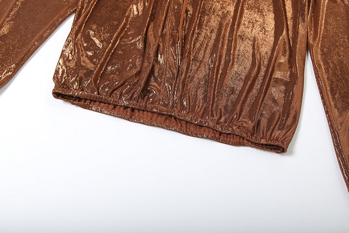 Long sleeve deep v neck metallic mini skirt set  | Festival Outfits Women