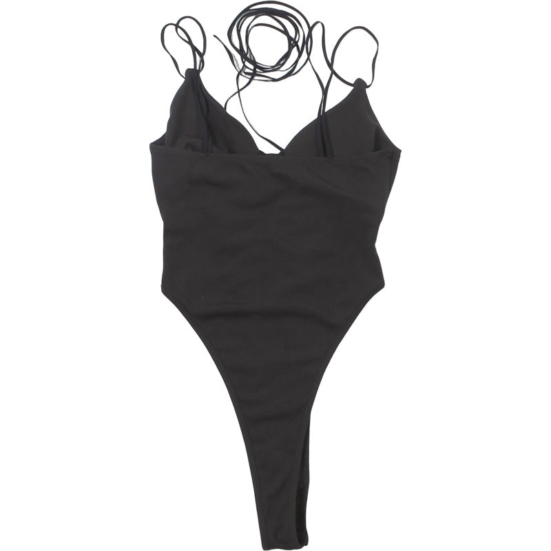 V neck self tie hollow out cami bodysuit  | Festival Outfits Women