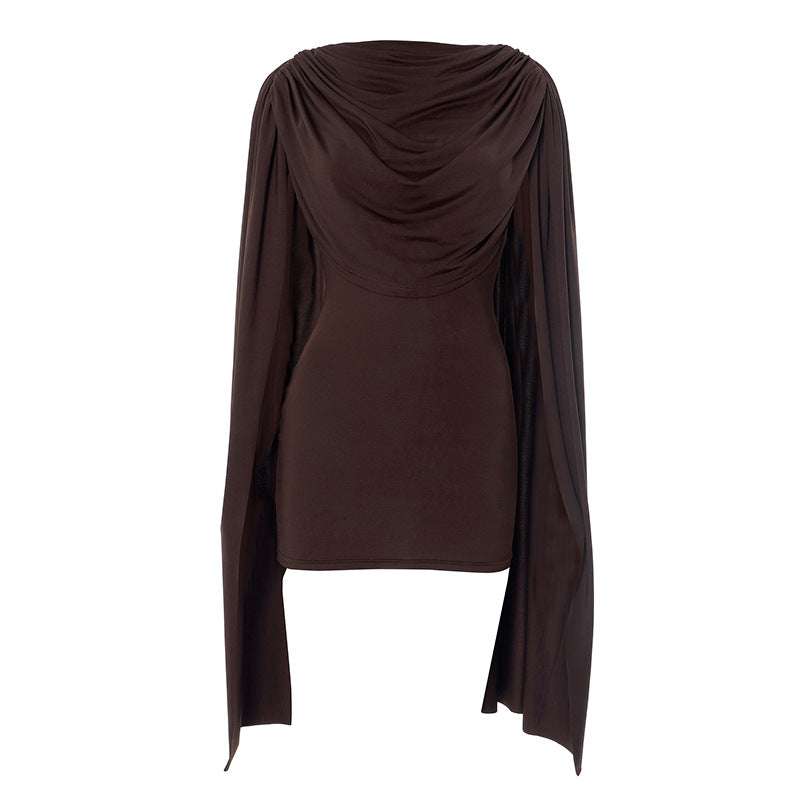 Long flared sleeve solid ruched mini dress  | Festival Outfits Women