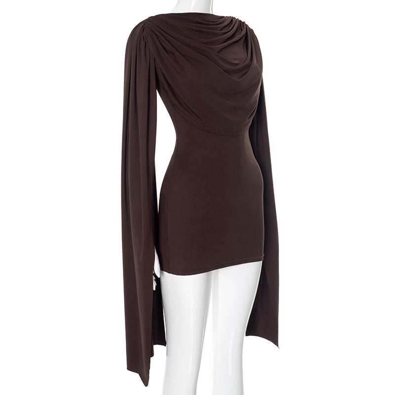 Long flared sleeve solid ruched mini dress  | Festival Outfits Women