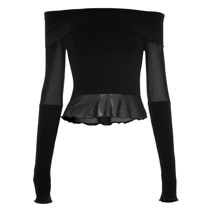 Long sleeve off shoulder ruffle mesh patchwork top  | Festival Outfits Women