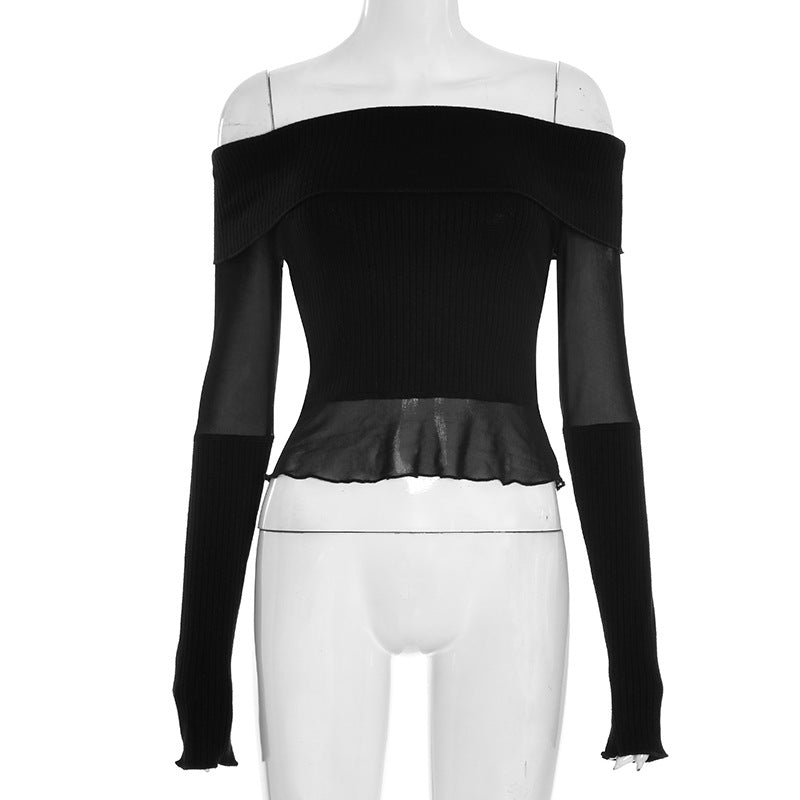 Long sleeve off shoulder ruffle mesh patchwork top  | Festival Outfits Women