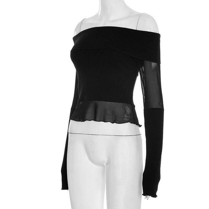 Long sleeve off shoulder ruffle mesh patchwork top  | Festival Outfits Women