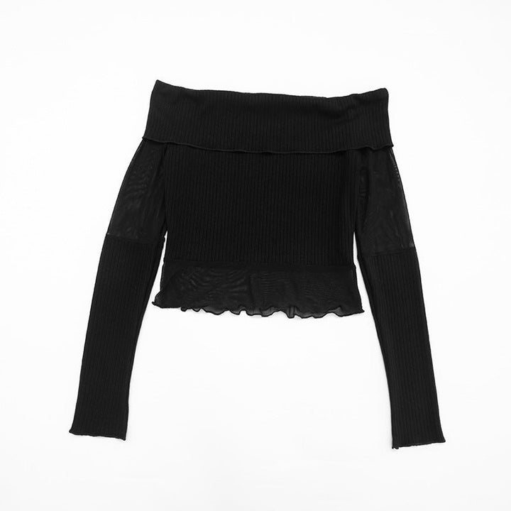 Long sleeve off shoulder ruffle mesh patchwork top  | Festival Outfits Women