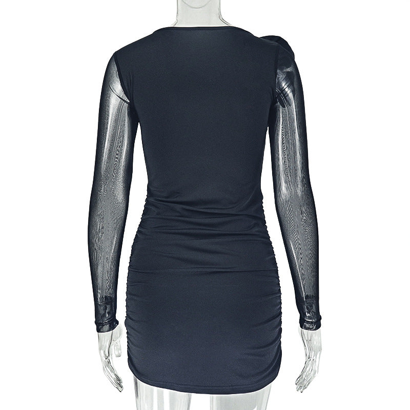 Long sleeve flower applique ruched mini dress  | Festival Outfits Women