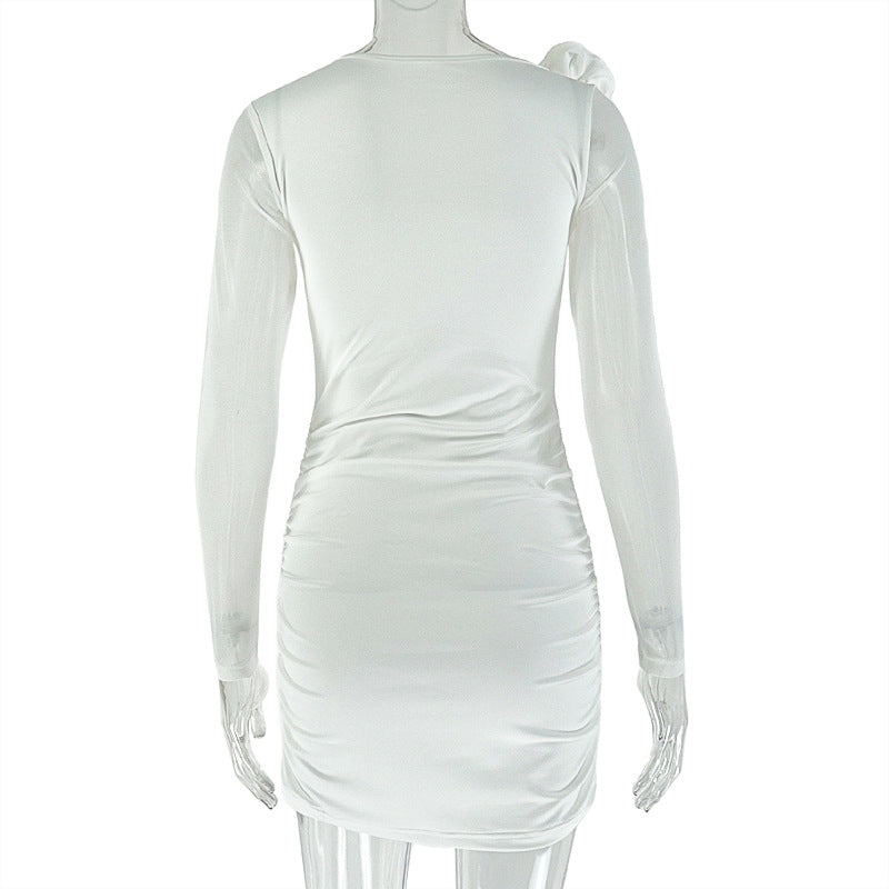 Long sleeve flower applique ruched mini dress  | Festival Outfits Women